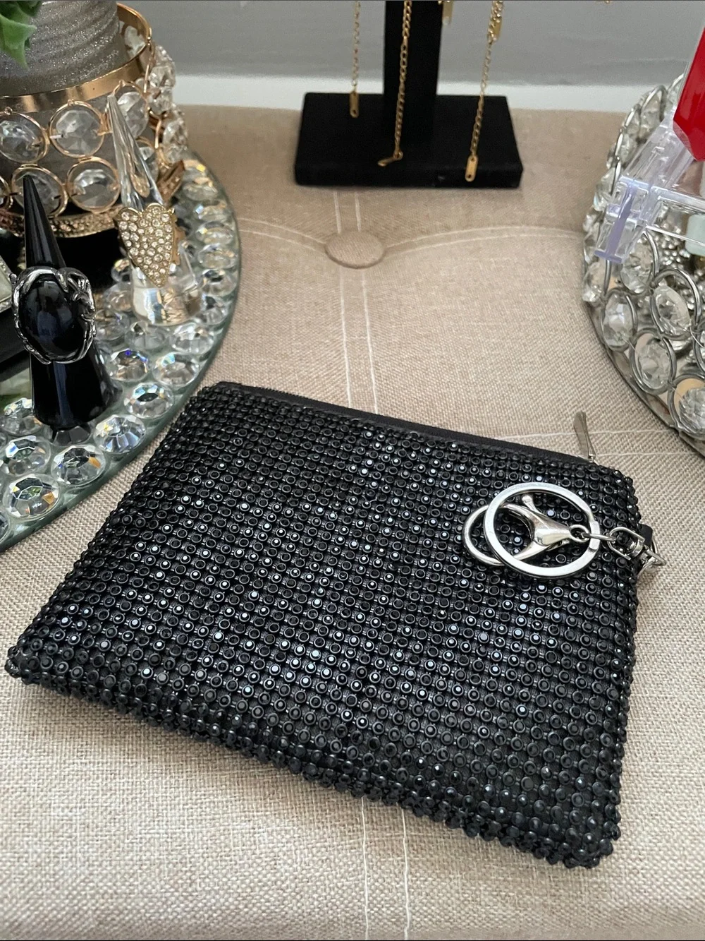✨🖤Black Beaded Shimmery Zip Wristlet Key Pouch 🖤✨NEW